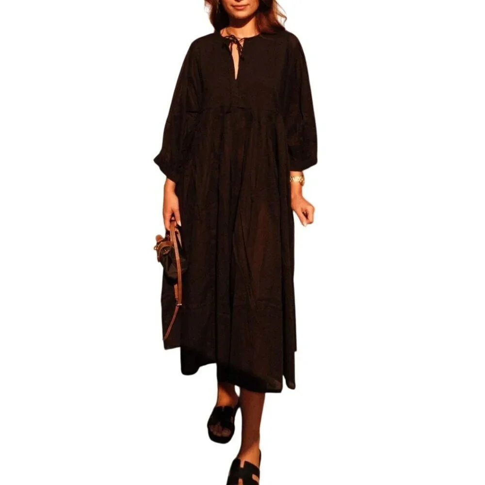 House Of Sandar Sara Midi Dress Black Oasis Flowy Puff Sleeve Tie Neck Size XXL